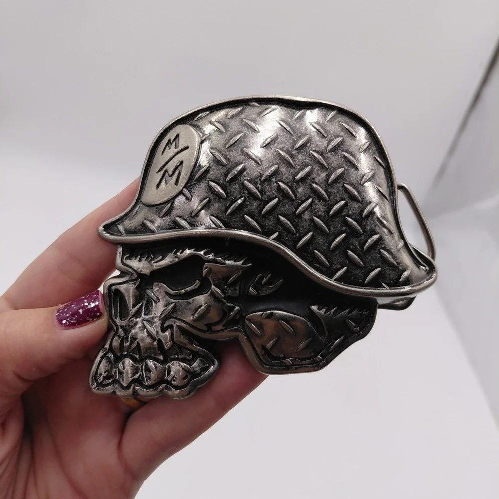 Metal Mulisha Skull Helmet Belt Buckle Silver Tone Motocross Logo Y2K Streetwear